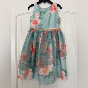 Bonnie Jean Aqua Floral Dress with Gold Accent